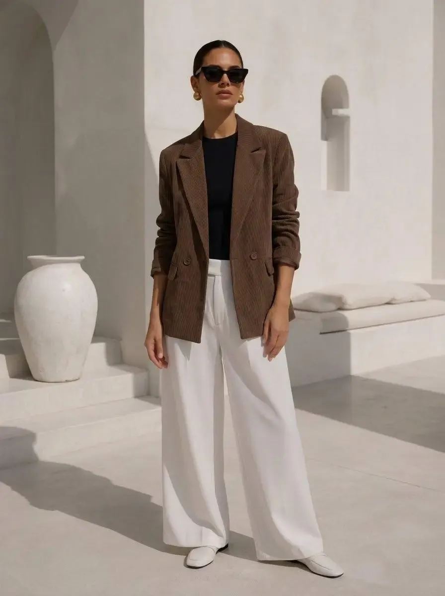 Fitilli Kadife Blazer Ceket Kahve