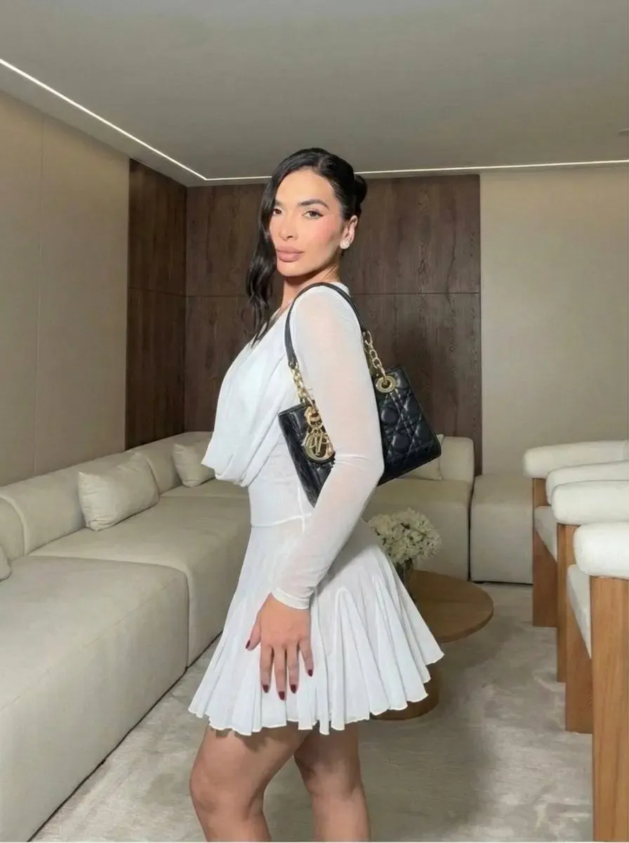 Full Likralı Cam Tül Kumaş Astarlı Mini Elbise Beyaz