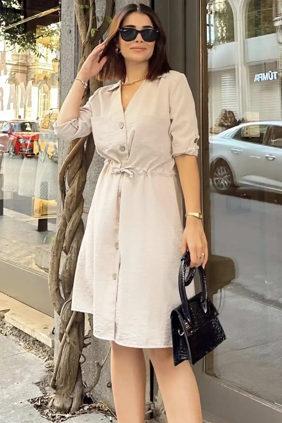 Gömlek Yaka Bel Bağlamalı Salaş Elbise-700-3411-bj