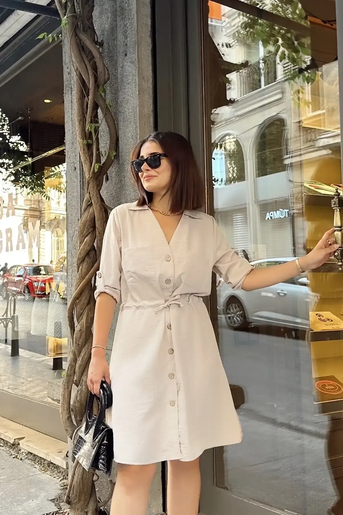 Gömlek Yaka Bel Bağlamalı Salaş Elbise-700-3411-bj