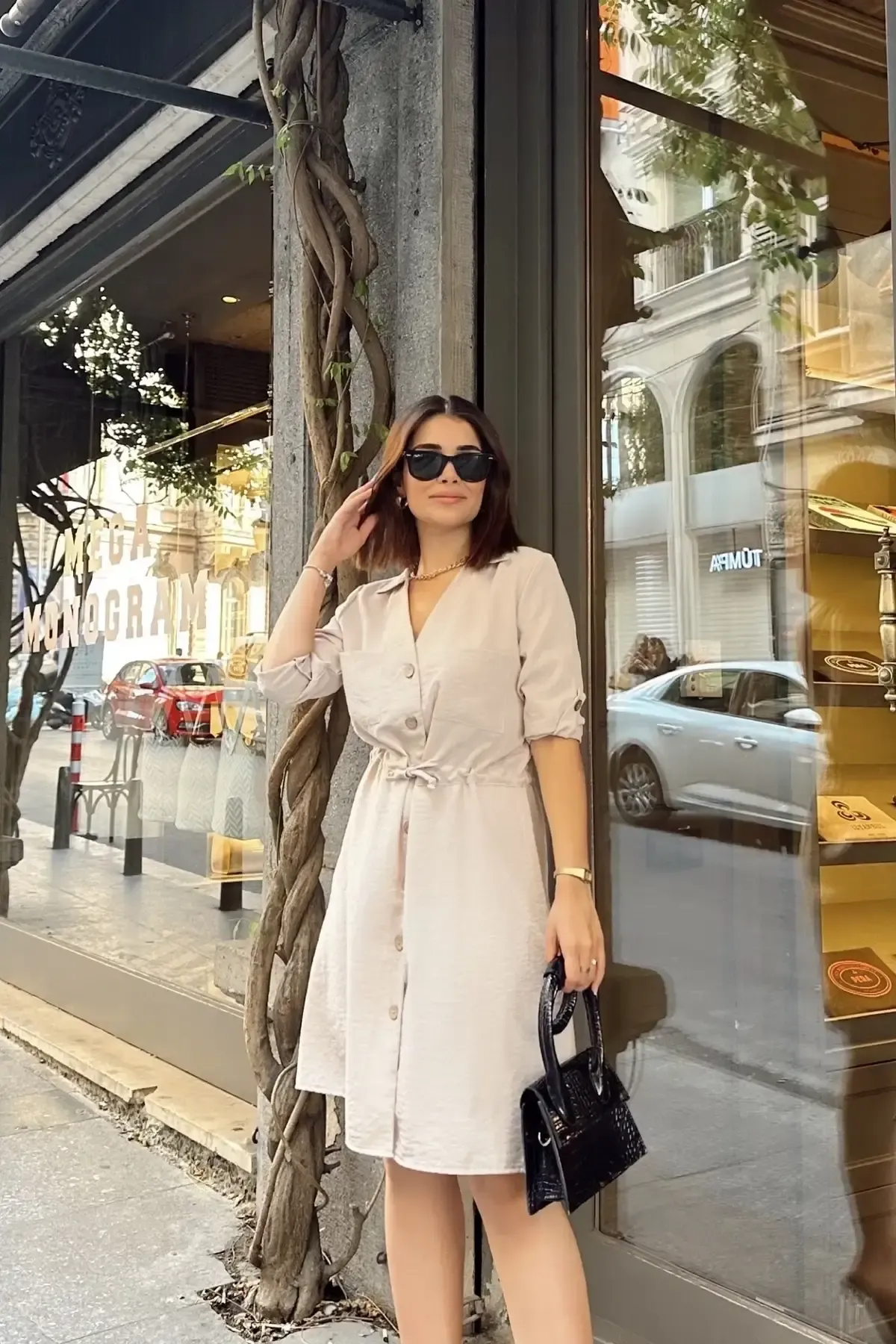 Gömlek Yaka Bel Bağlamalı Salaş Elbise-700-3411-bj