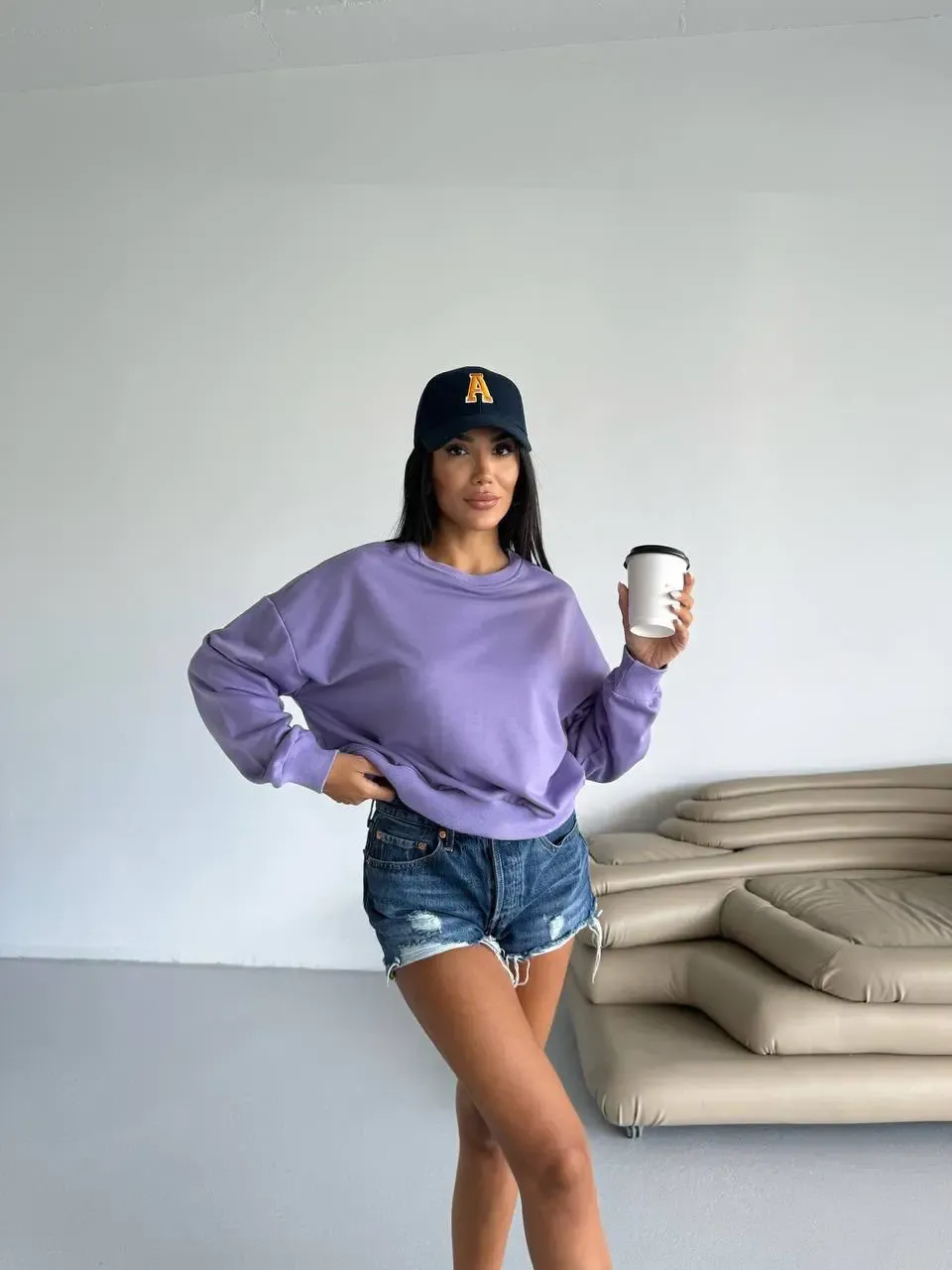 İki İplik Bisiklet Yaka Mor Sweatshirt