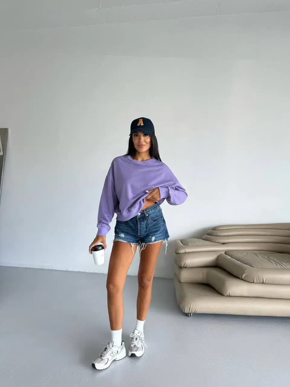 İki İplik Bisiklet Yaka Mor Sweatshirt