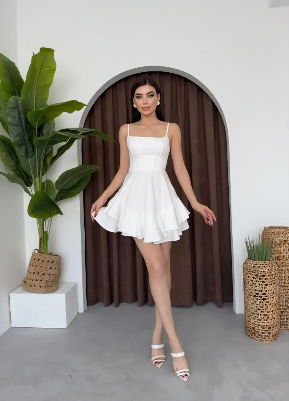İp Askılı Mini Elbise Beyaz