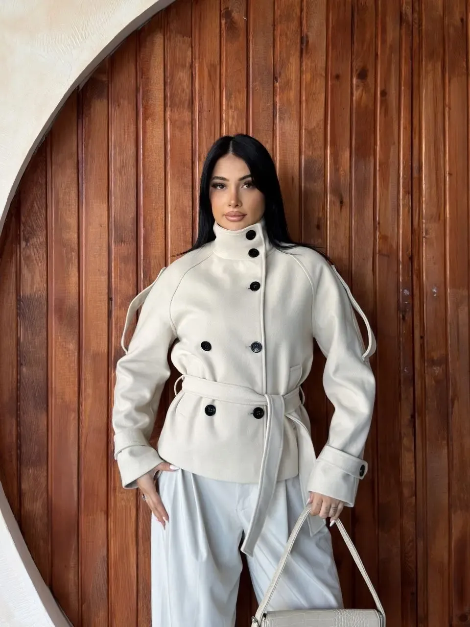 İthal Kaşe Bel Kuşaklı Trenç Mont Ekru