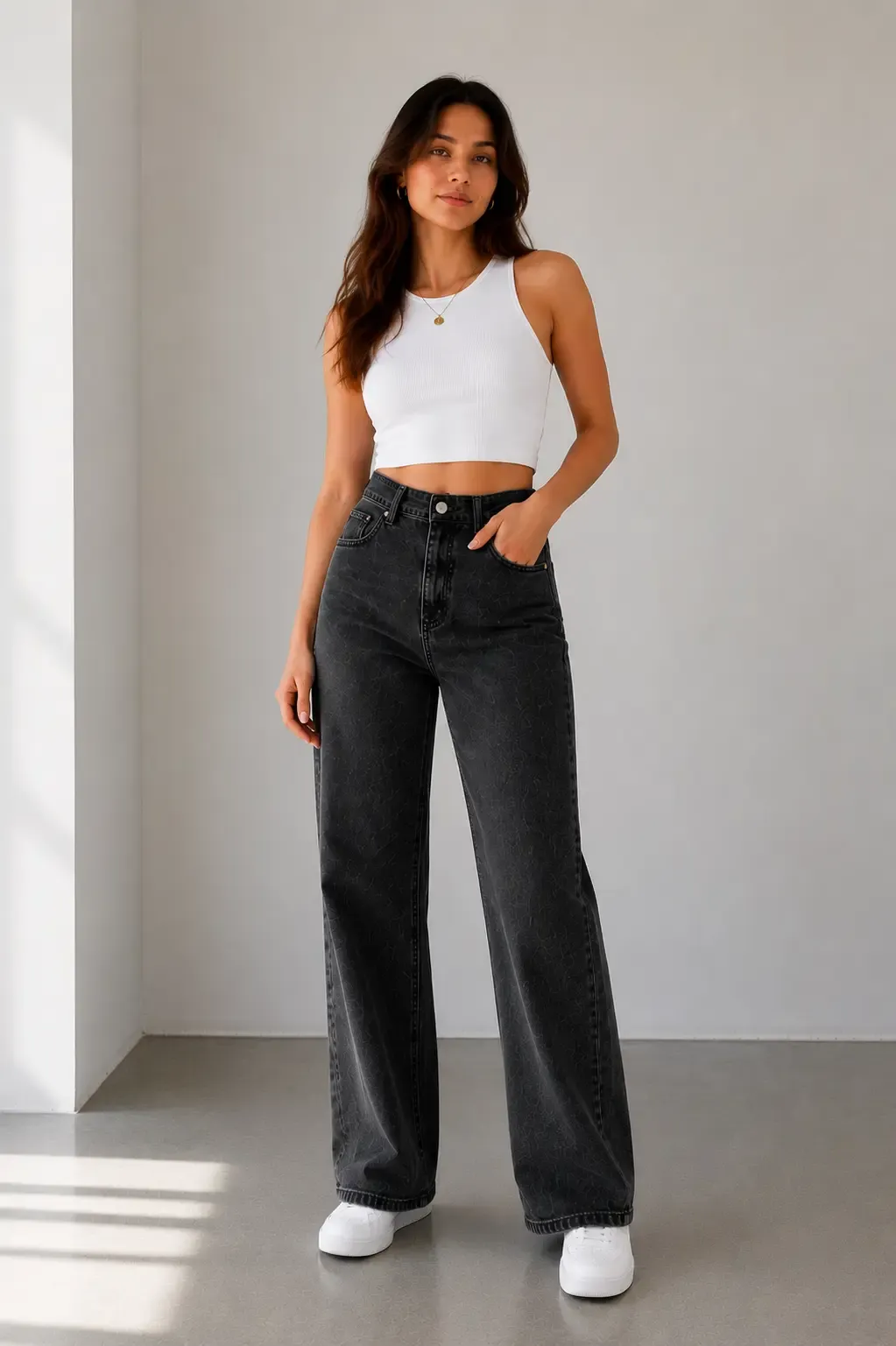 Kadın Antrasit Yüksek Bel Palazzo Denim Pantolon