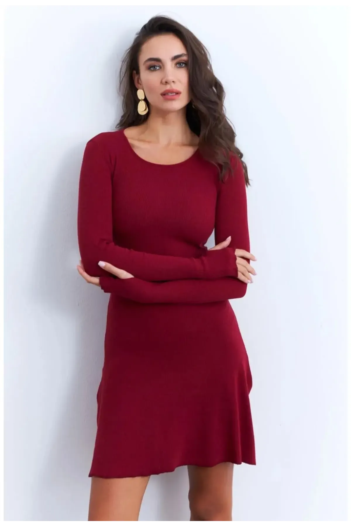 Kadın Bordo Bağlamalı Kaşkorse Mini Elbise-FRY2175_Bordo