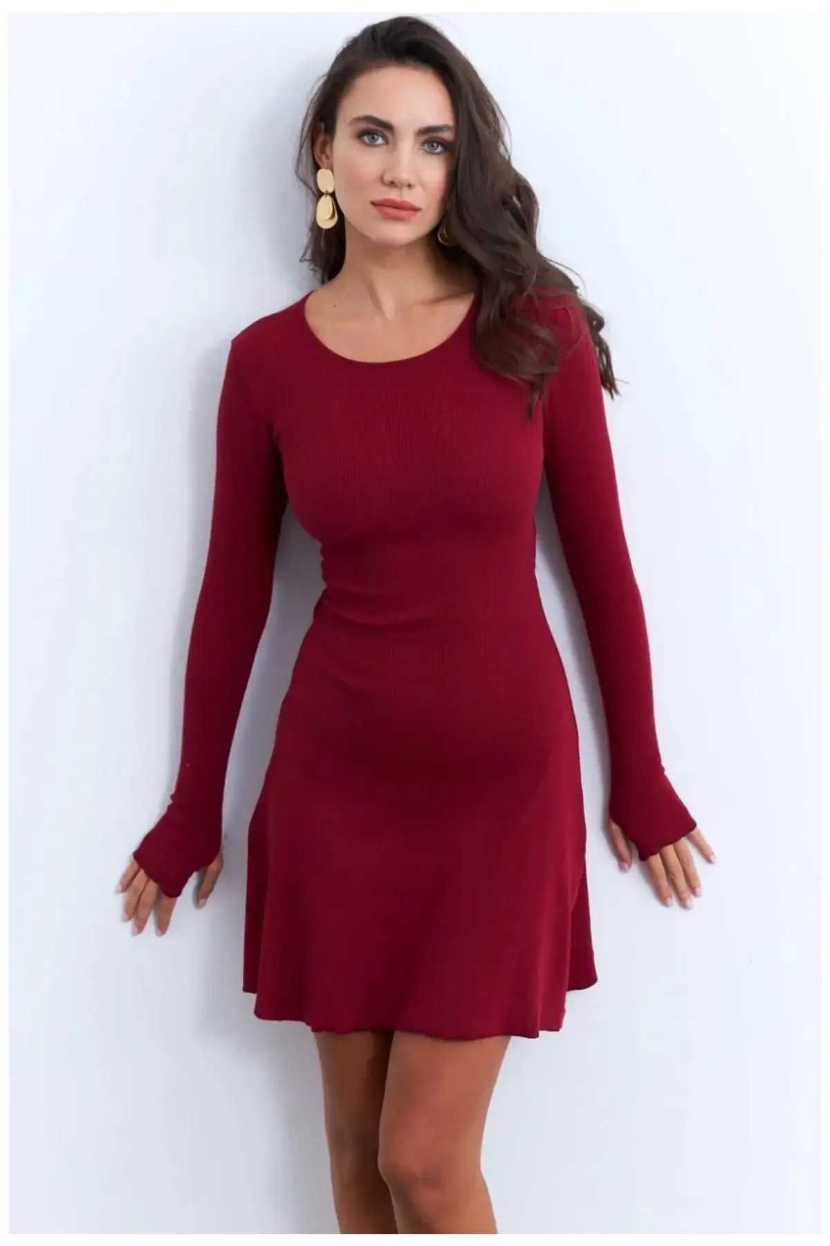 Kadın Bordo Bağlamalı Kaşkorse Mini Elbise-FRY2175_Bordo