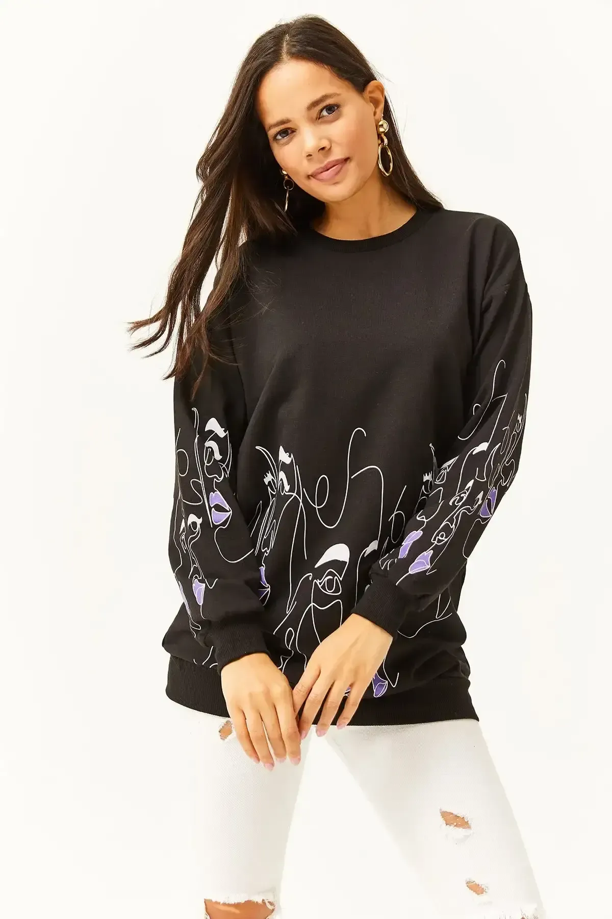 Kadın Siyah Yüz Figürlü Oversize Sweatshirt-19000632Siyah