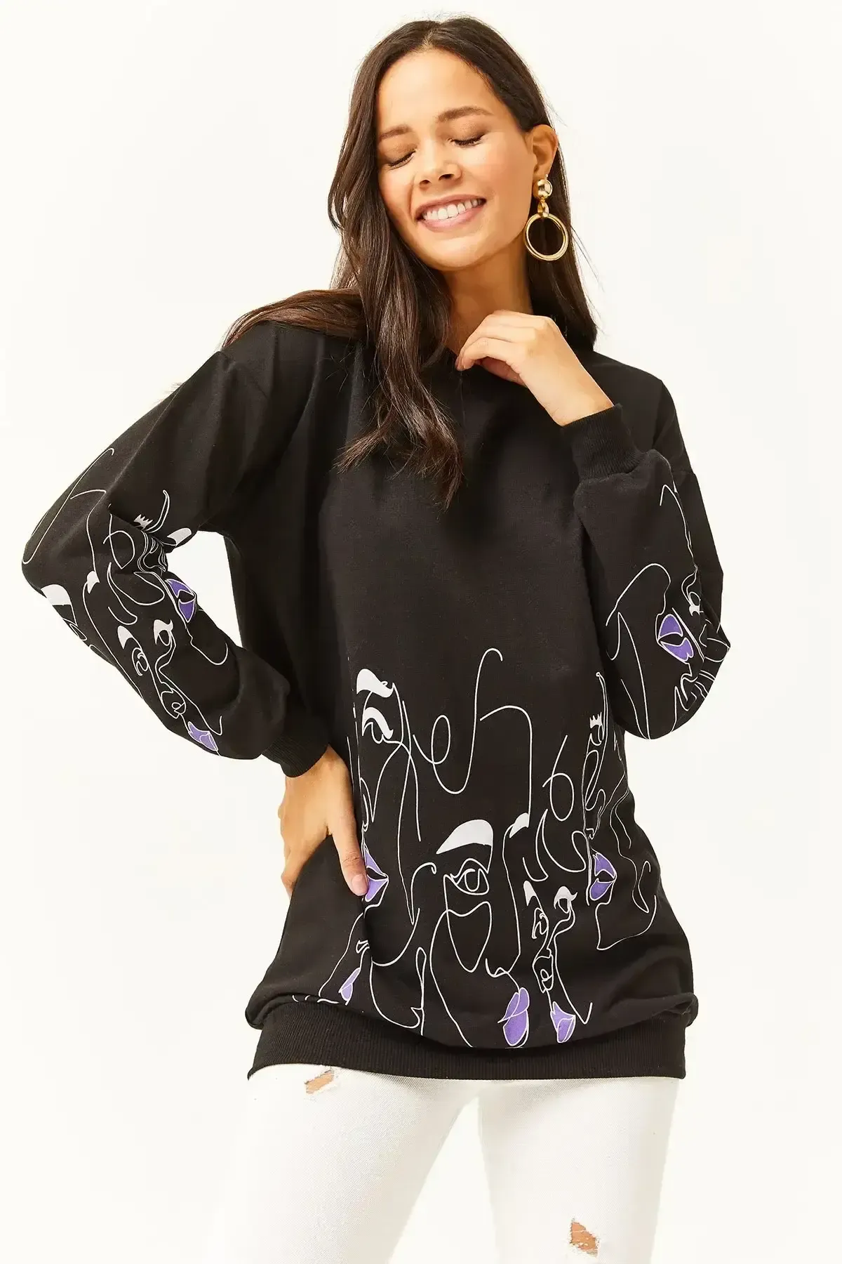 Kadın Siyah Yüz Figürlü Oversize Sweatshirt-19000632Siyah
