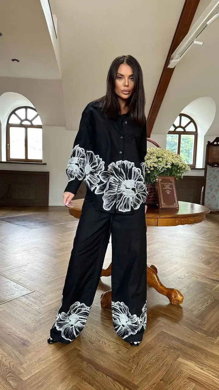 Keten Nakış Detay Alt Üst Takım Siyah
