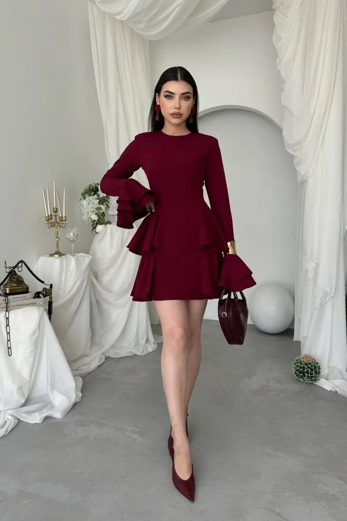 Kol Detay Mini Elbise Bordo