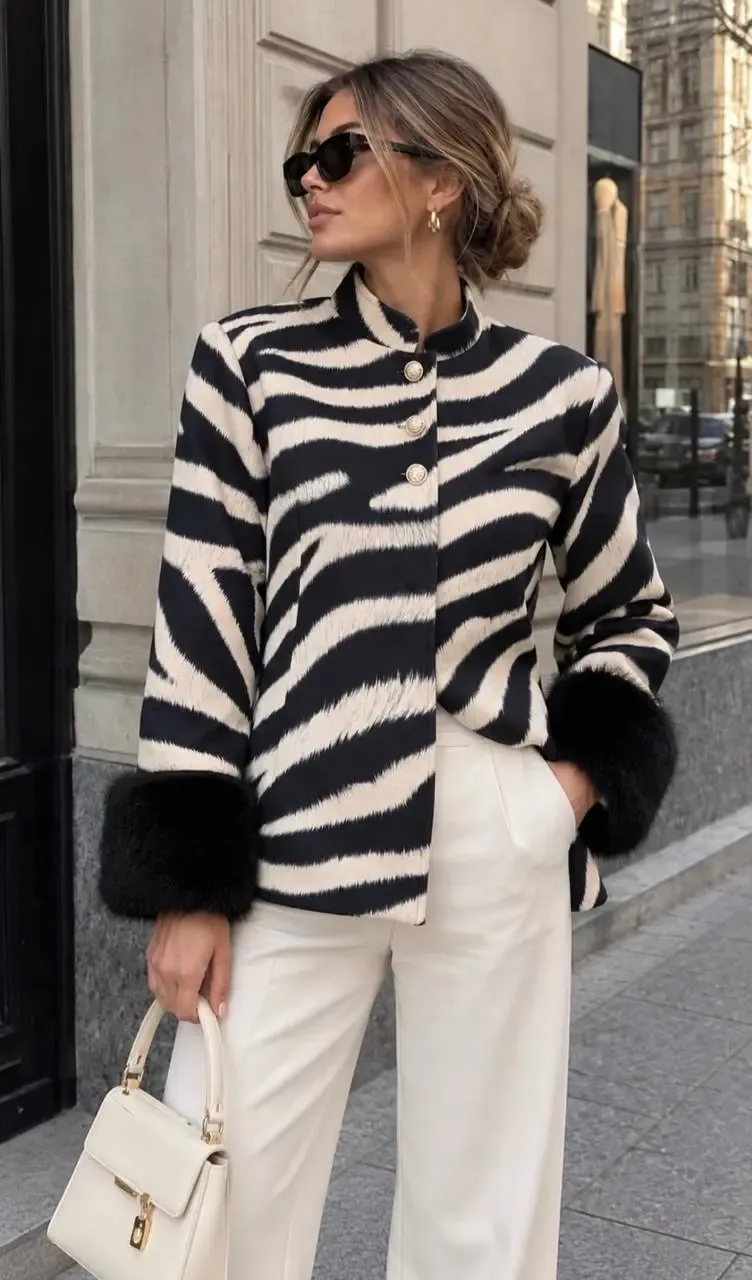 Kolu Kürklü Zebra Desen Dokuma Ceket