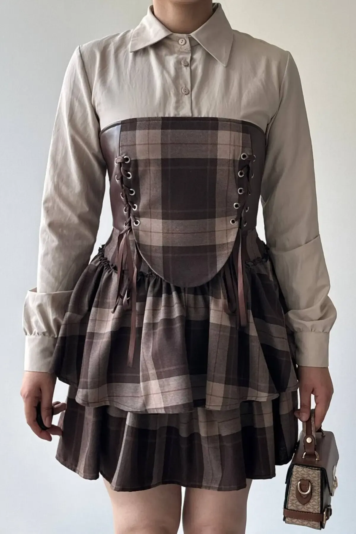 Korse Detaylı Ekose Mini Elbise