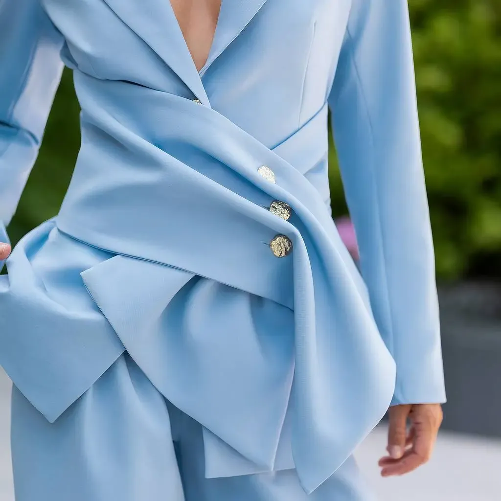 Kruvaze Yaka Taş Detaylı Ceket Pantalon Premium Takım Mavi
