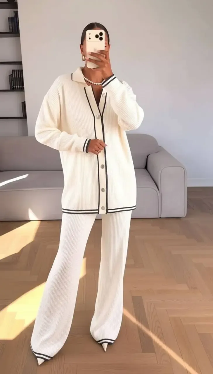 Küçük Saç Örgü Polo Yaka Takım Ekru