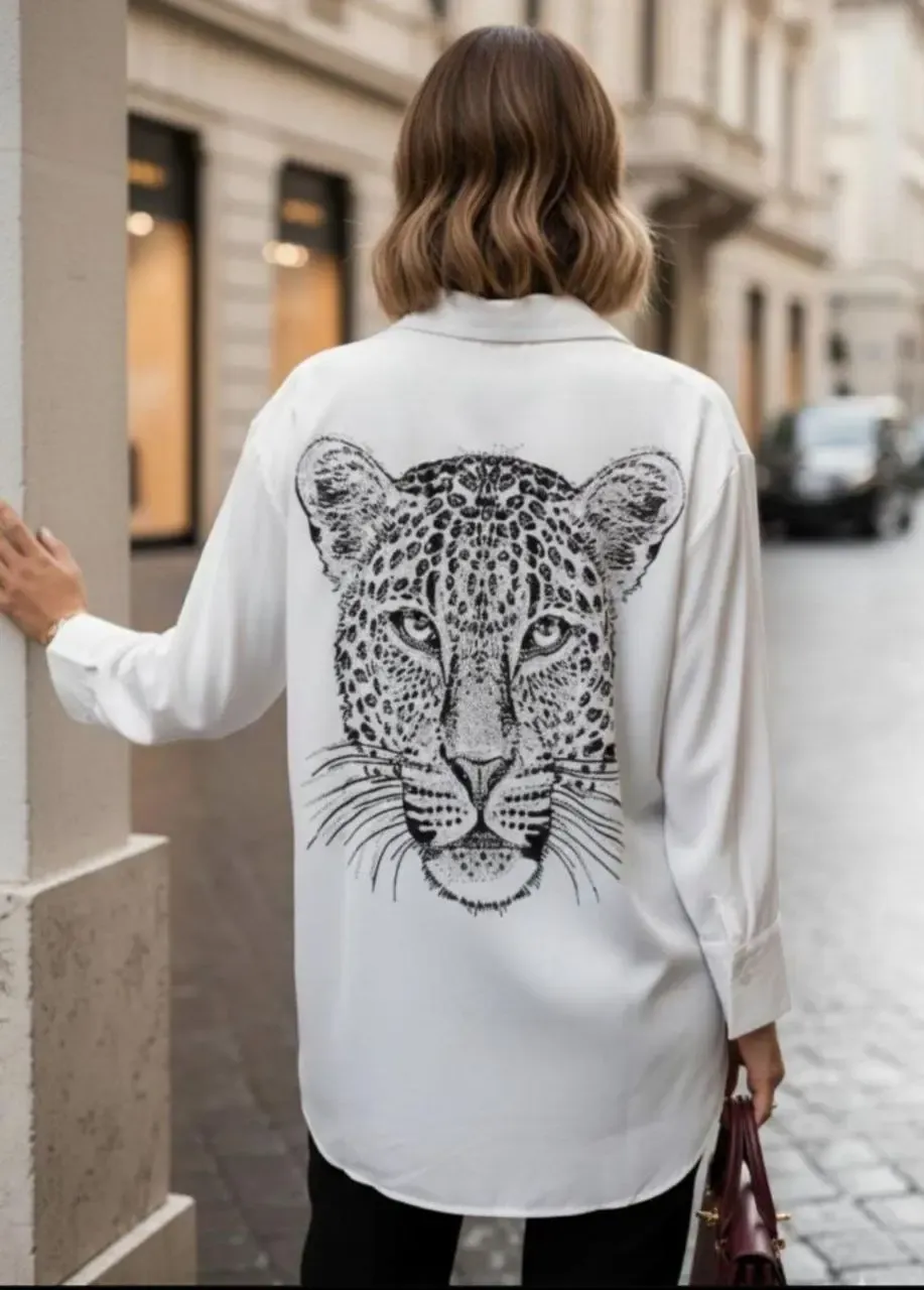 Leopar Desen Baskılı Taşlı Gömlek
