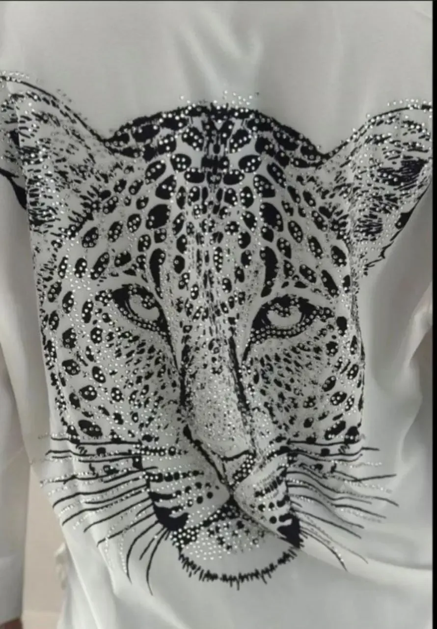 Leopar Desen Baskılı Taşlı Gömlek