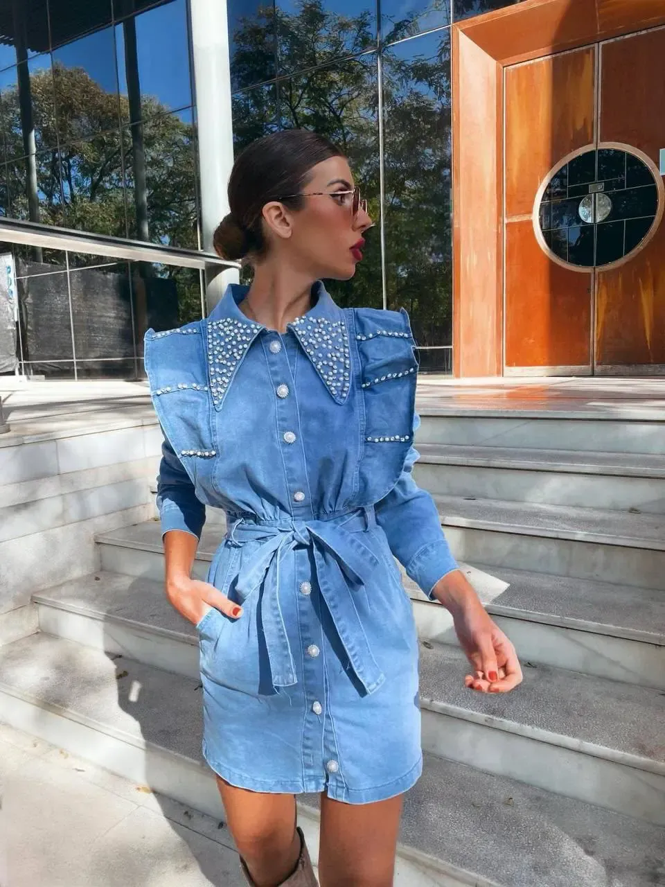 Likralı Denim Taş Detay Elbise