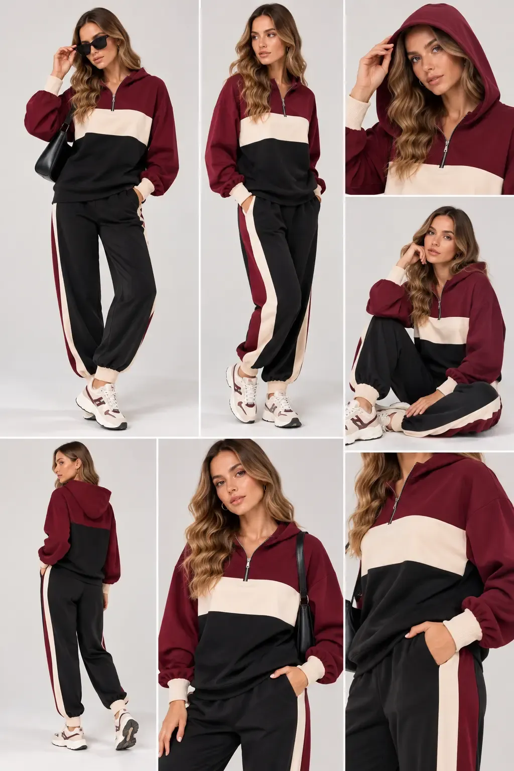 Modal Kumaş Bordo Bloklu Eşofman Takım