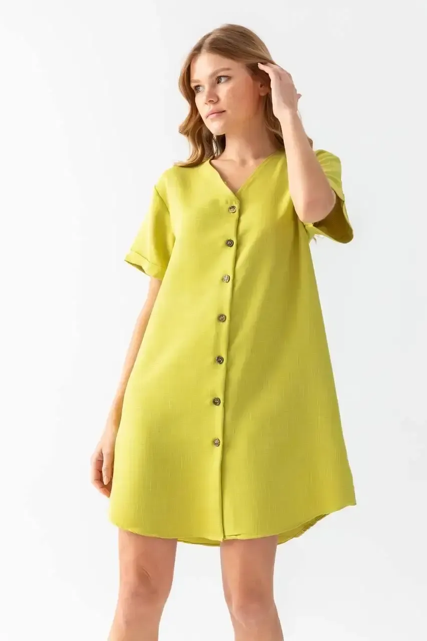 Önü Düğmeli Keten Elbise-rqelb108-ysl