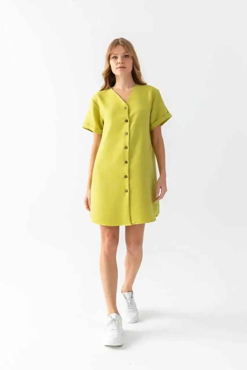 Önü Düğmeli Keten Elbise-rqelb108-ysl