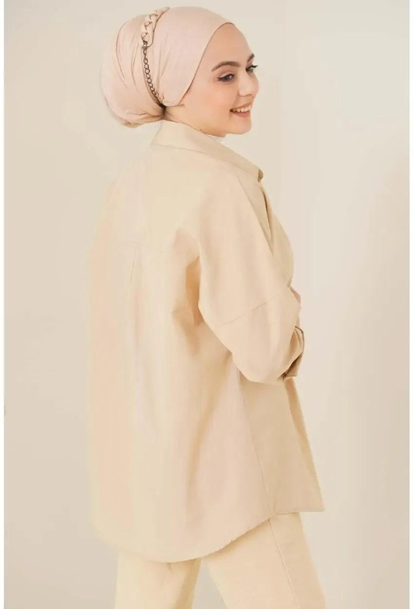 Oversize Basic Tesettür Gömlek Krem-103901-krm