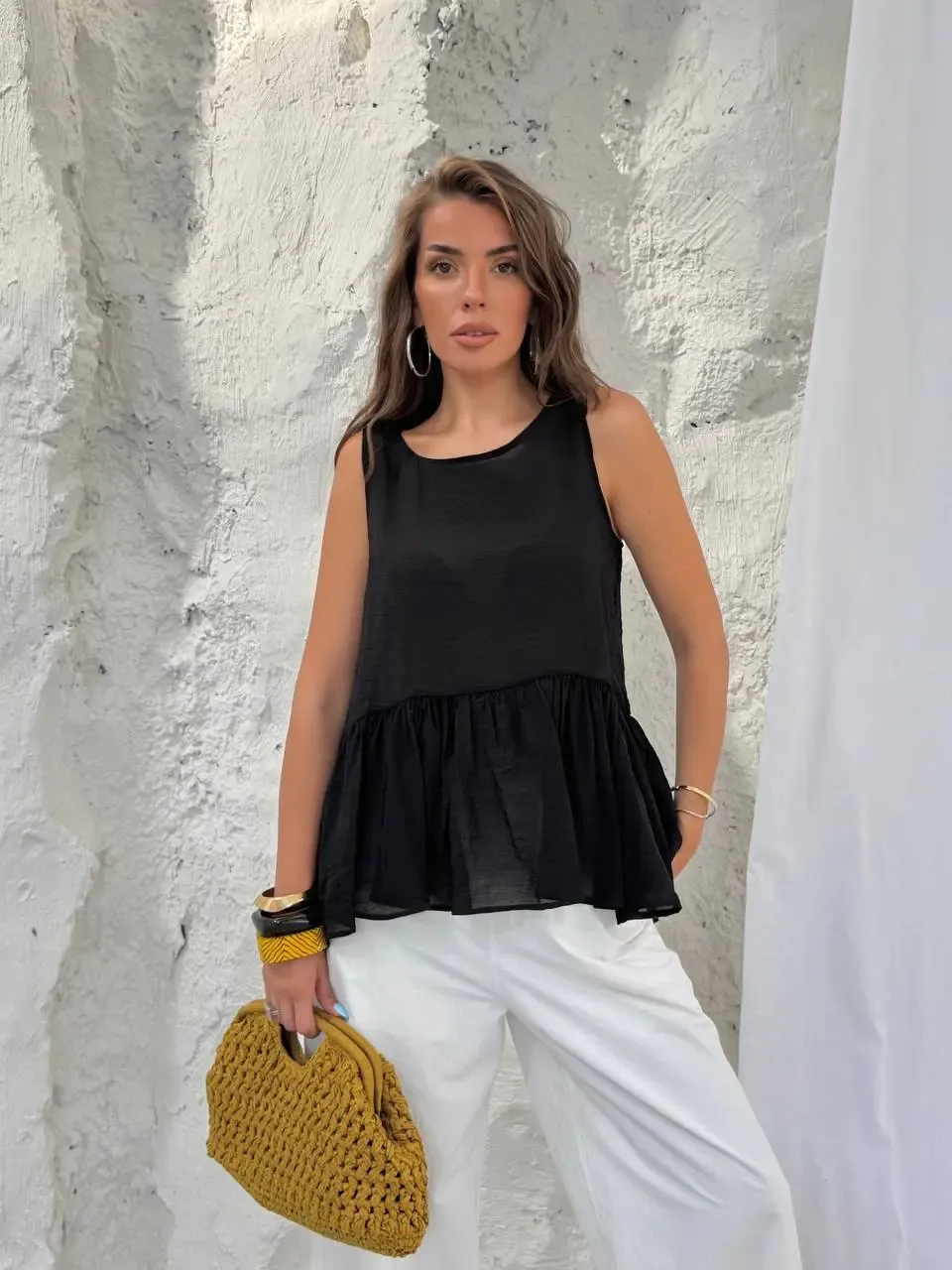 Pamuk Modal Kumaş Kolsuz Bluz Siyah