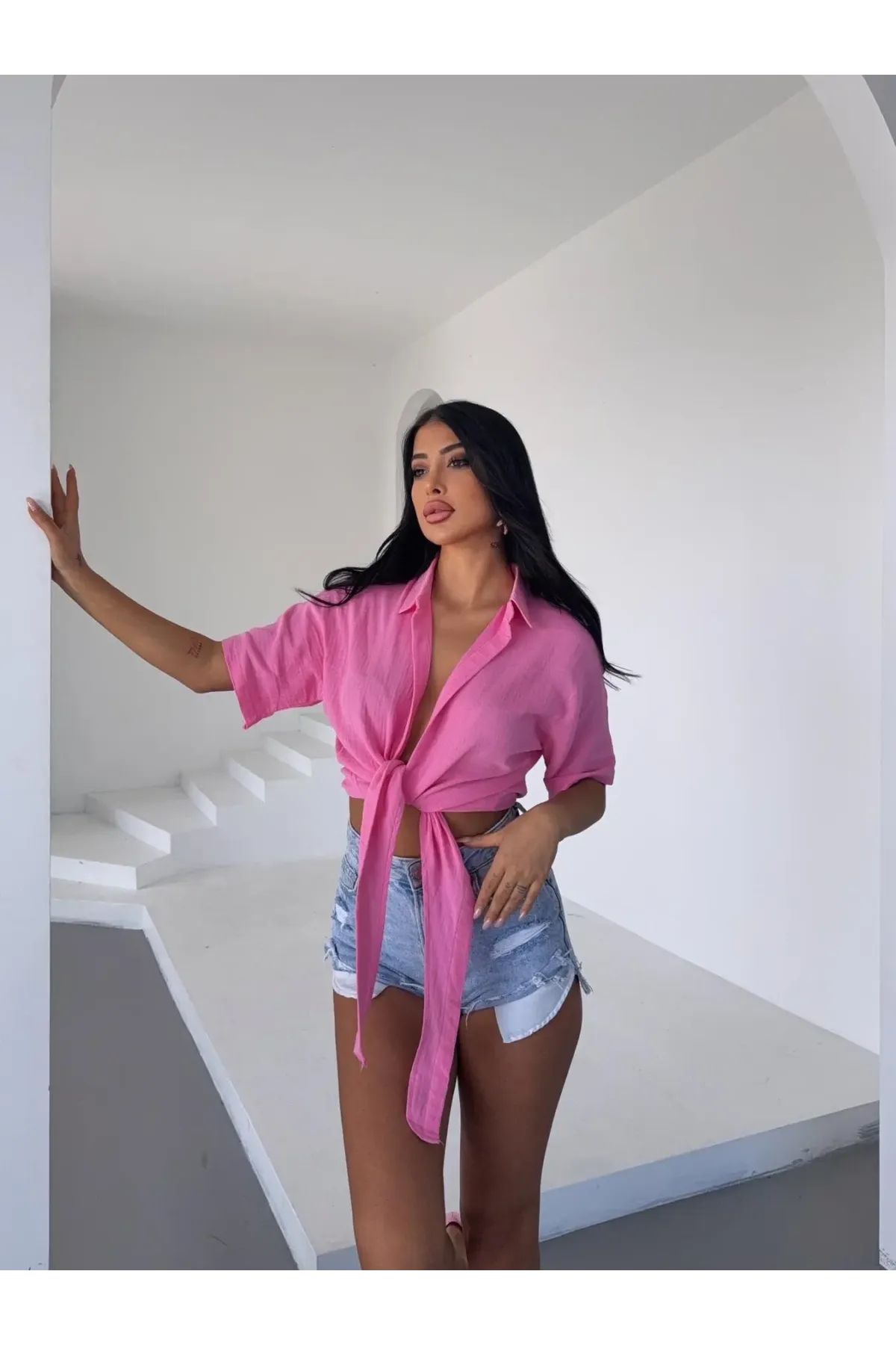 Pembe Bağlama Detaylı Müslin Keten Bluz-dsb2025k-pmb