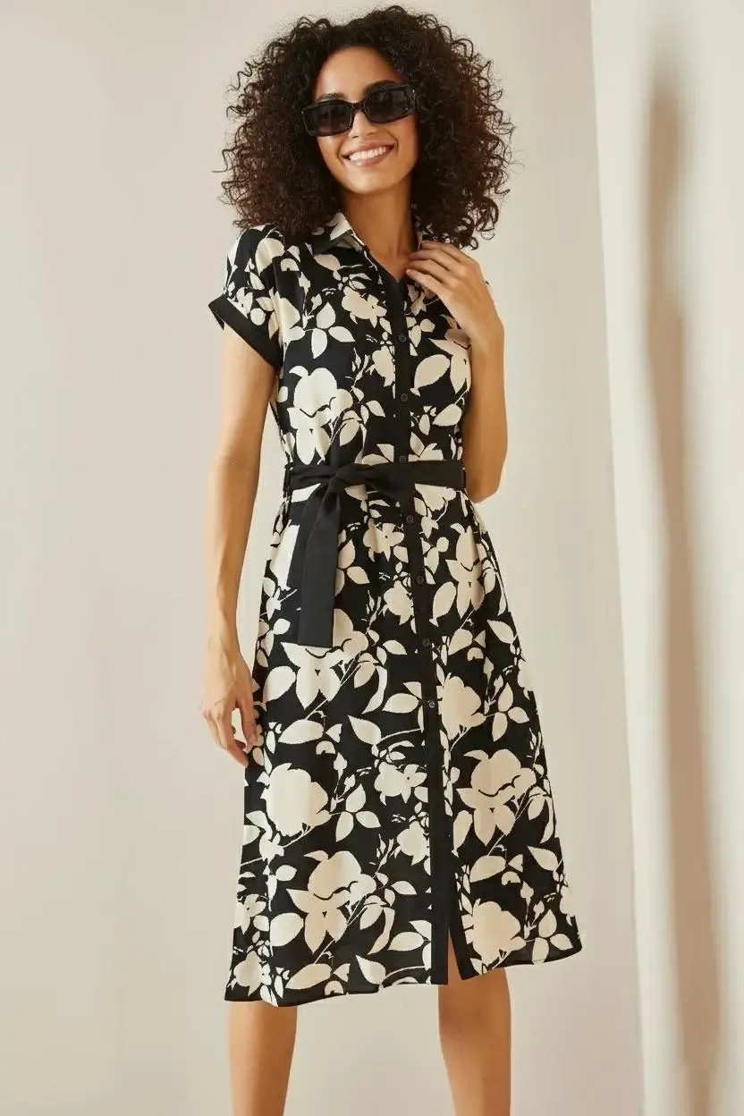 Polo Yaka Desenli Midi Elbise-P00013256-syh