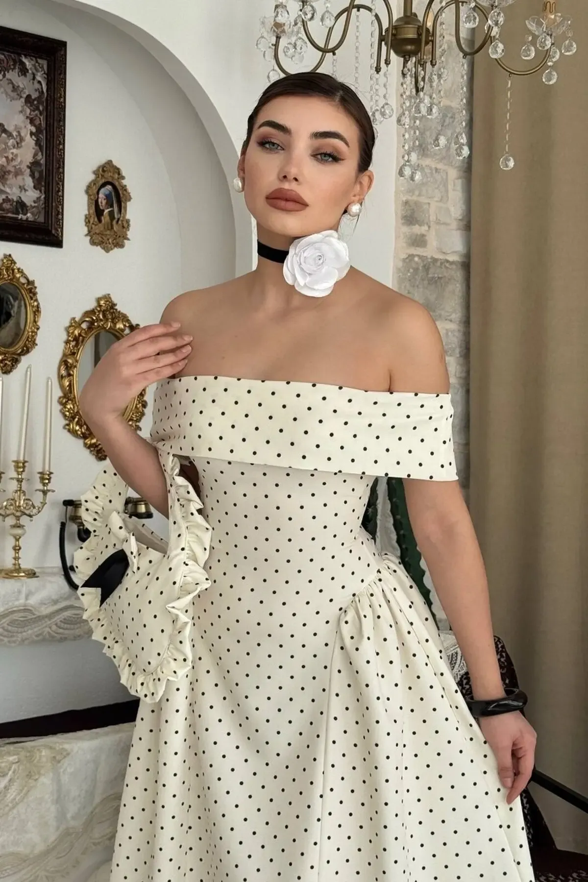 Puantiye Desenli Carmen Yaka A Kesim Maxi Dokuma Elbise