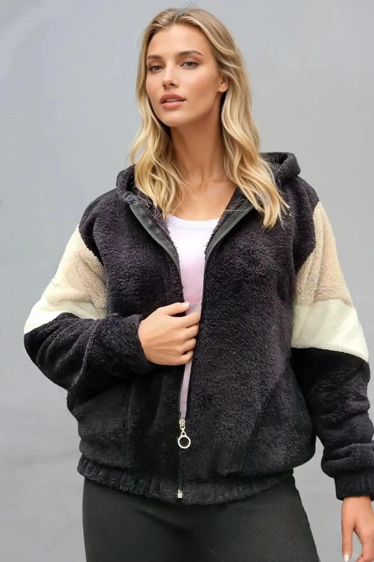 Renk Bloklu Bomber Polar Peluş Sweatshirt-P00012815