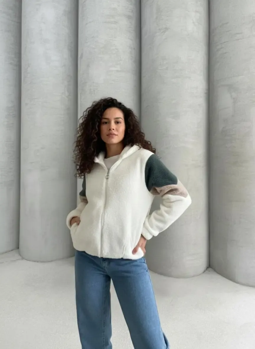 Renk Bloklu Bomber Polar Peluş Sweatshirt-P00013271-ekr