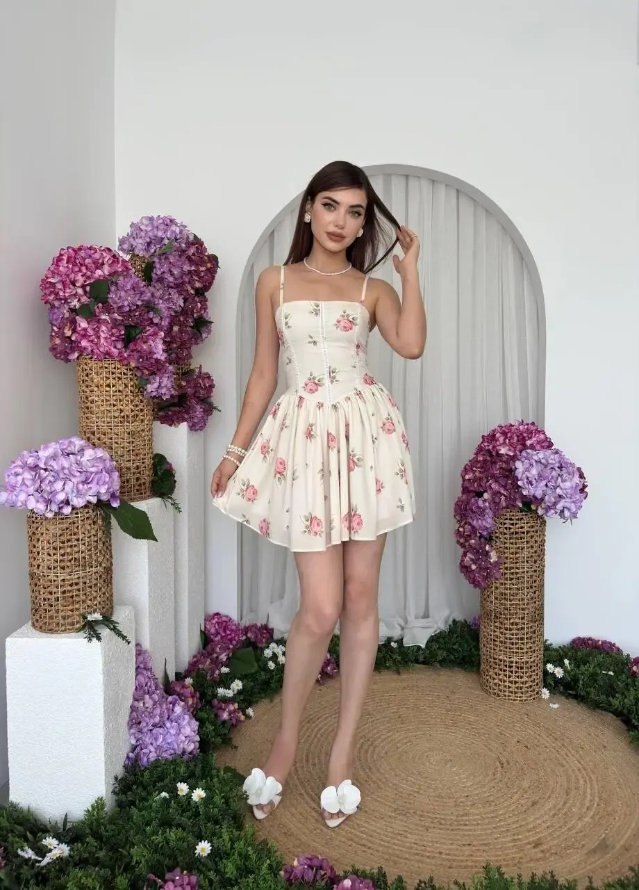 Renkli Çiçek Desenli Kısa Mini Dokuma Elbise