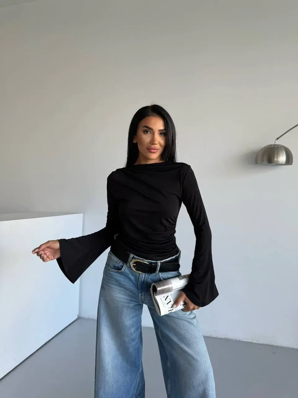 Sandy Kumaş Kol Detay Bluz Siyah