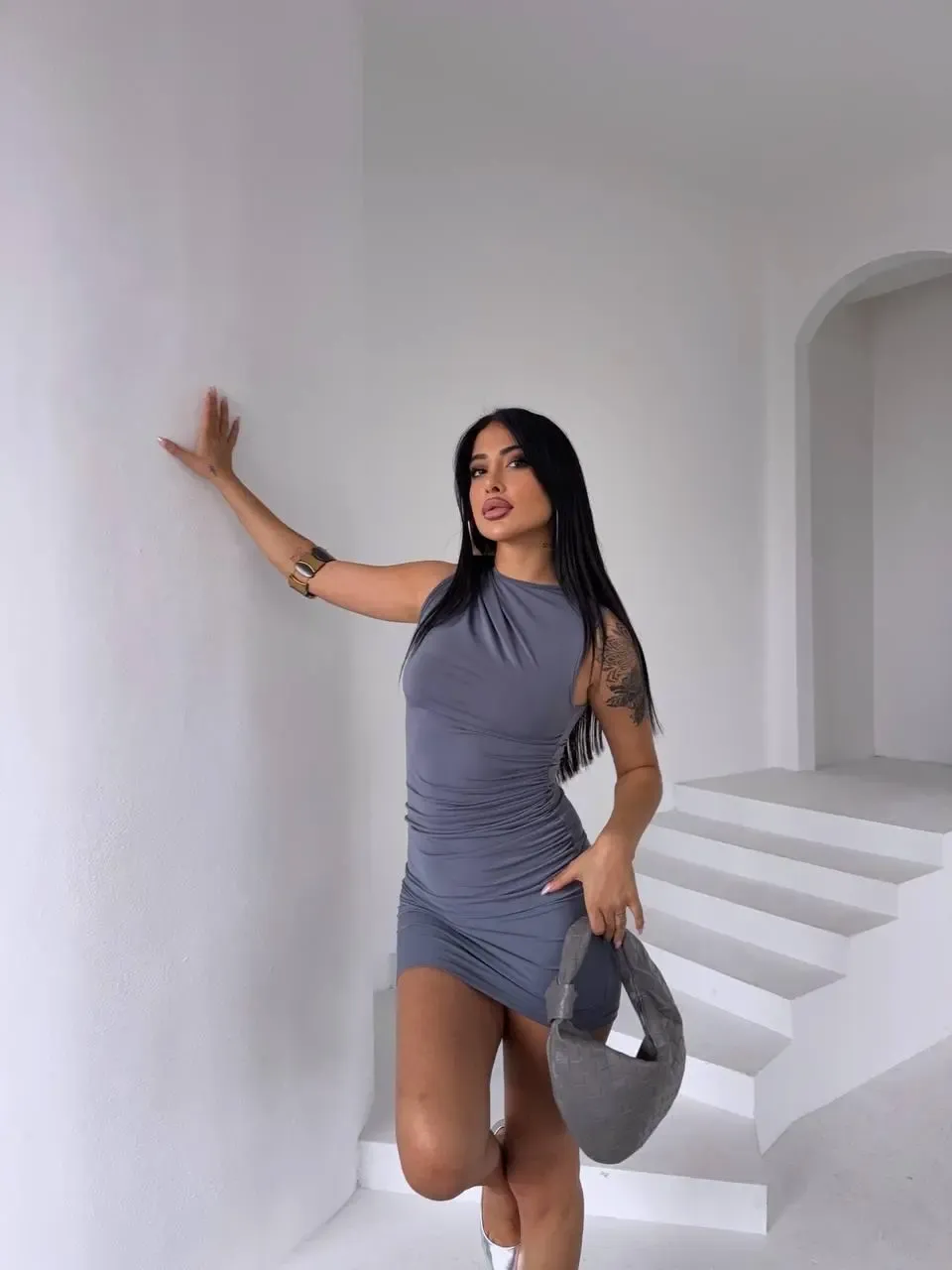 Sandy Kumaş Yaka Detay Elbise Gri-2298fr-gr