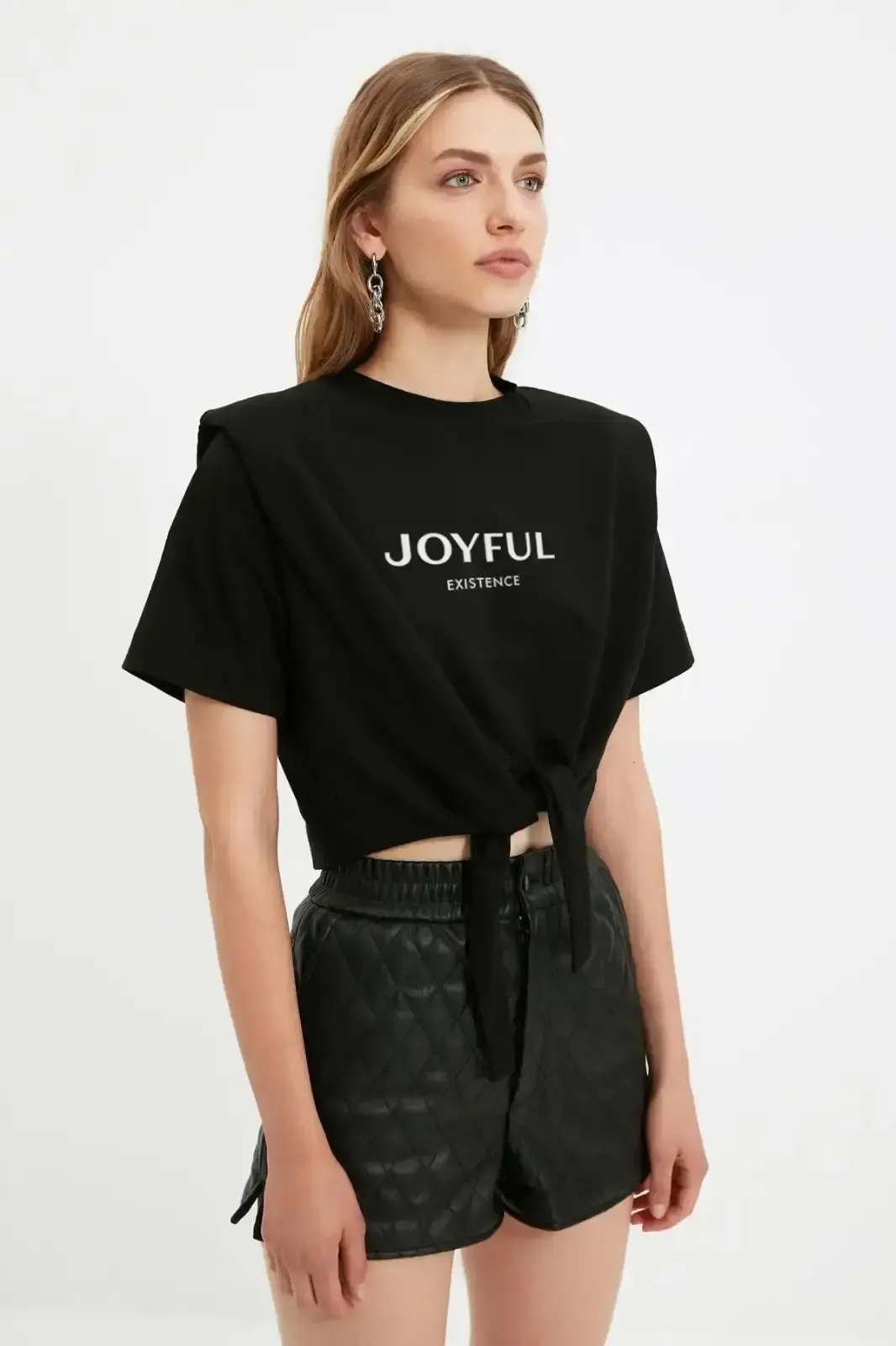 Siyah Sloganlı Örme T-Shirt-tsh1002-syh