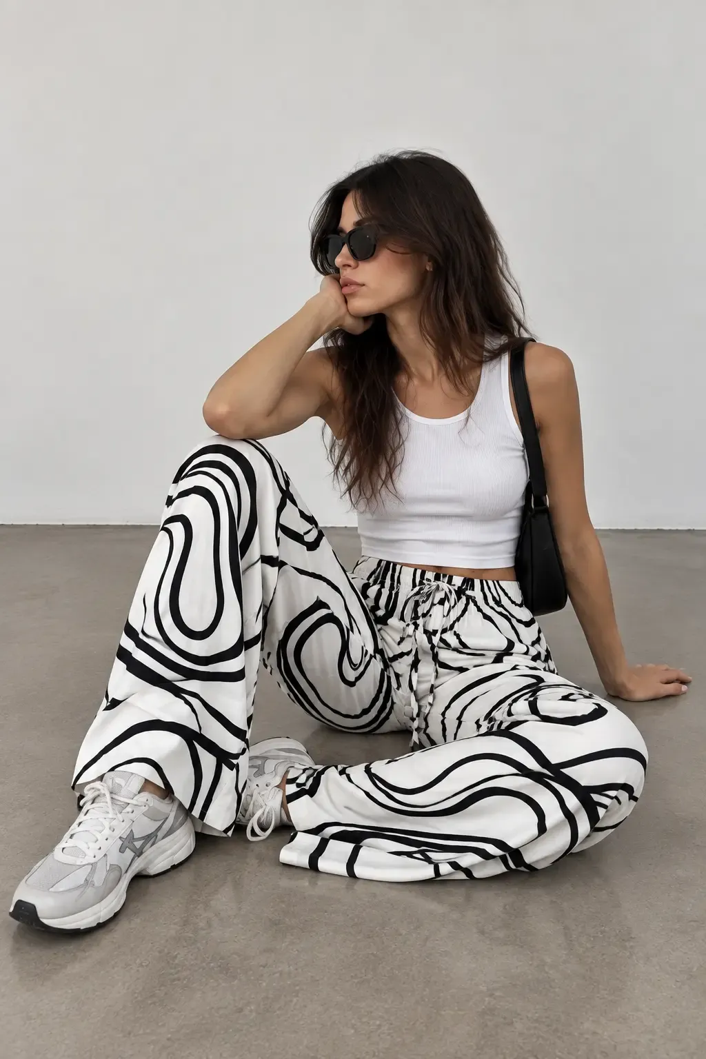 Viskon Bol Paça Ekru Desenli Pantalon