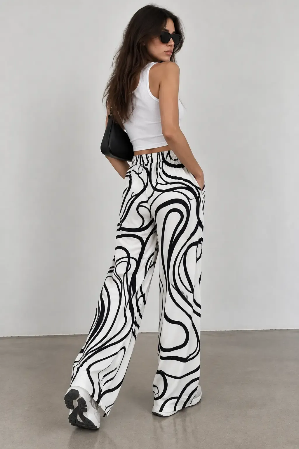 Viskon Bol Paça Ekru Desenli Pantalon