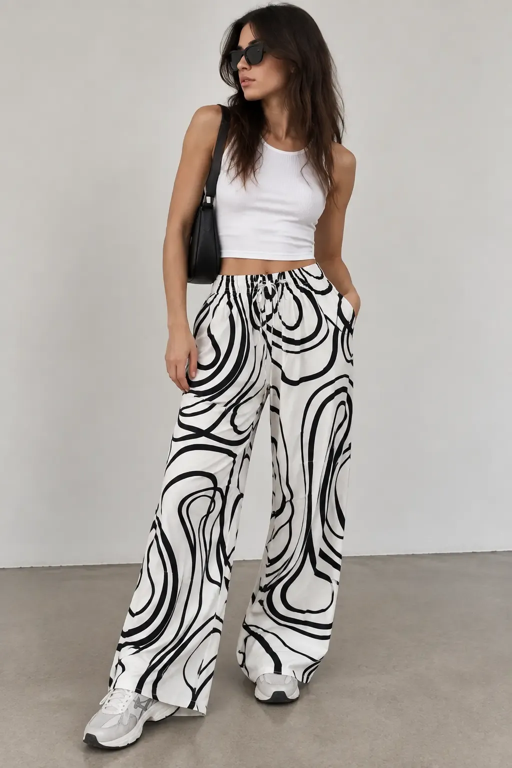 Viskon Bol Paça Ekru Desenli Pantalon