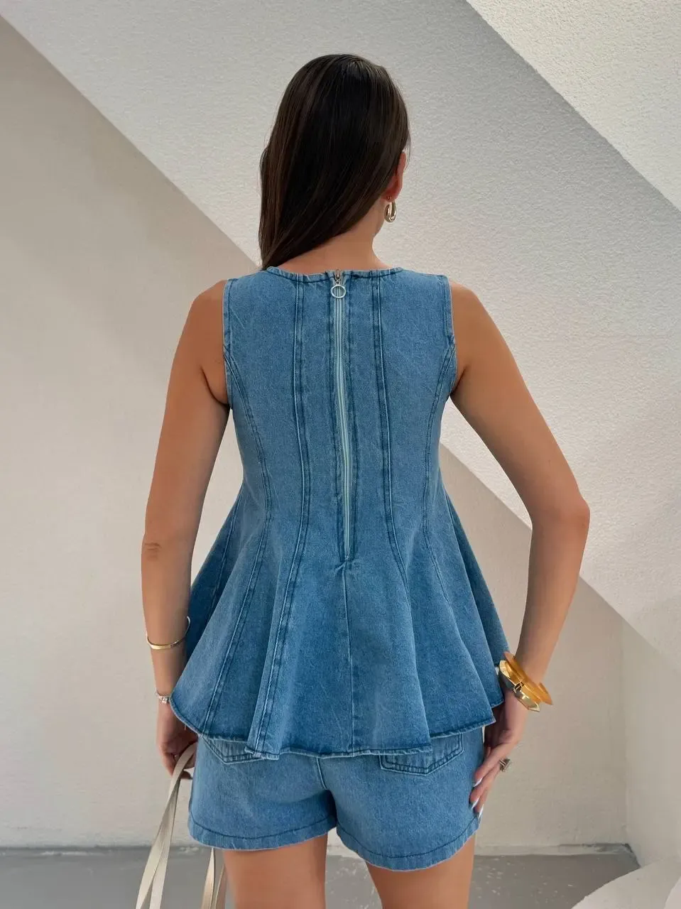 Volanlı Bluz Şort Denim Takım Mavi