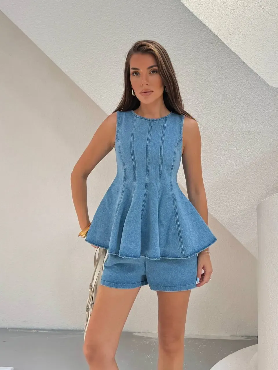 Volanlı Bluz Şort Denim Takım Mavi