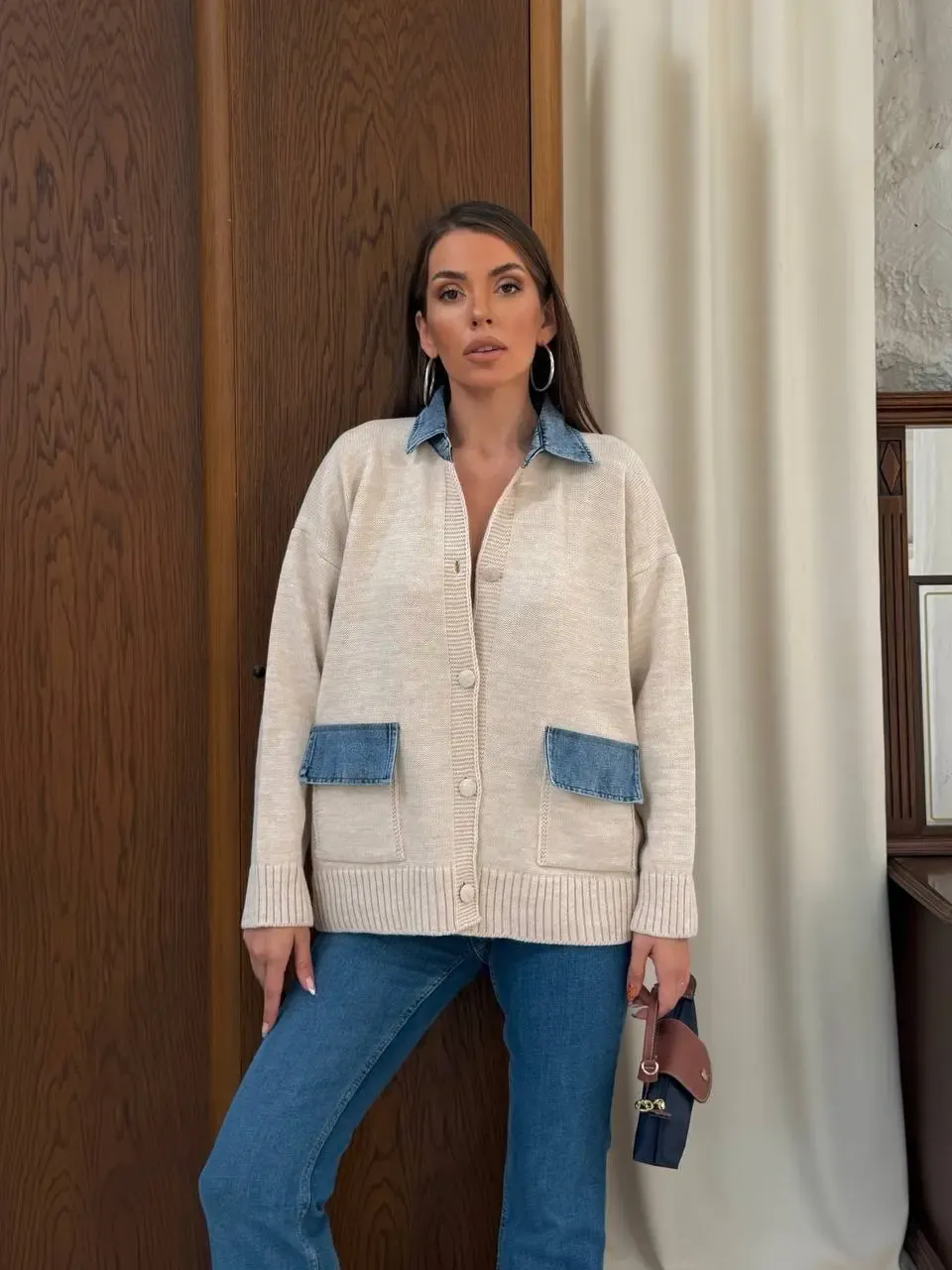 Yaka Denim Detay Triko Hırka Ekru