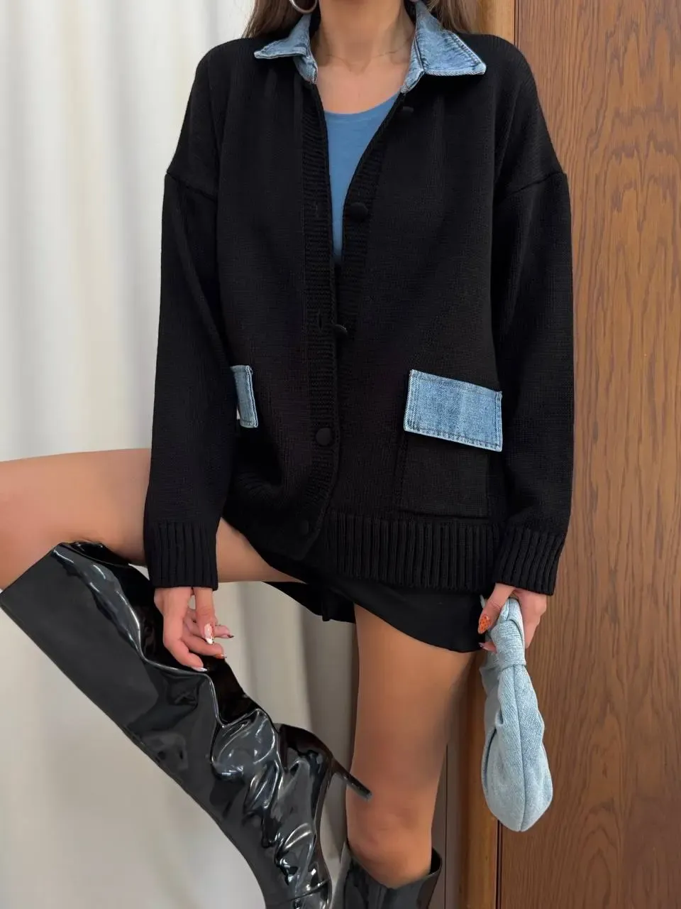 Yaka Denim Detay Triko Hırka Siyah