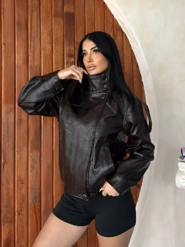 Yaka Detay Deri Ceket Kahve
