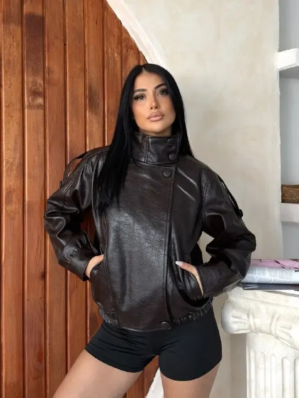 Yaka Detay Deri Ceket Kahve