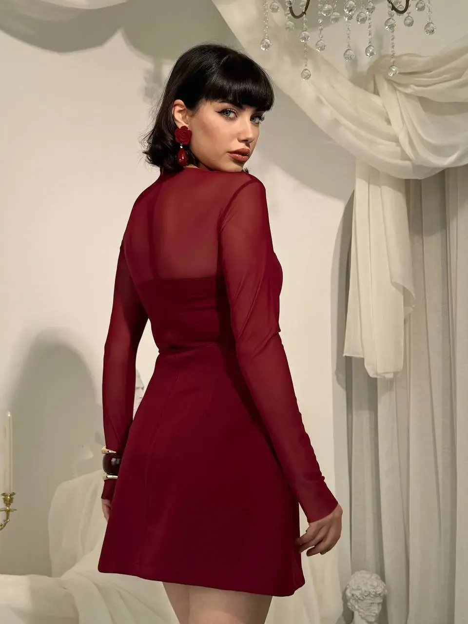 Yaka Tül Detay Mini Elbise Bordo