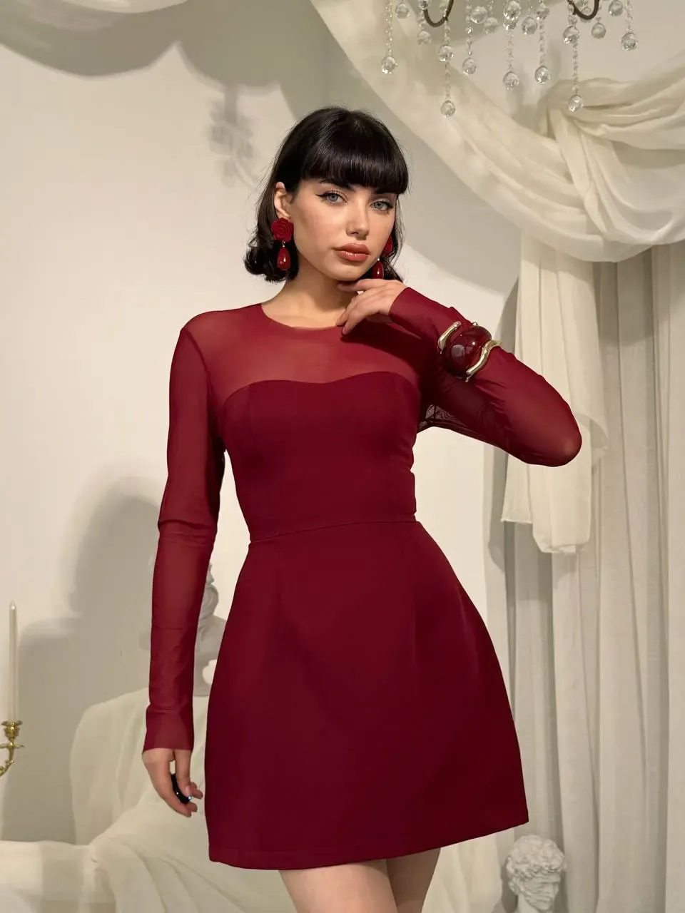 Yaka Tül Detay Mini Elbise Bordo
