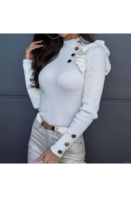 Fırfır Ve Düğme Detaylı Triko Bluz
