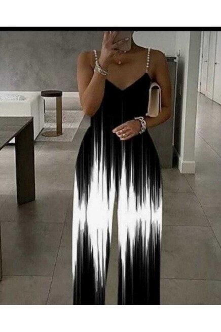 Ithal Mikro Kumaş İnci Askılı Siyah Beyaz Baskılı Tulum